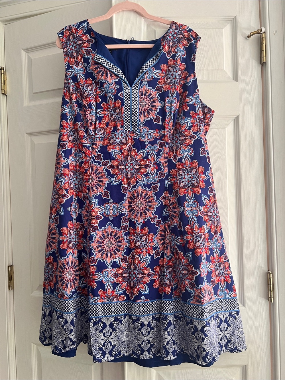 Royal Blue Floral Sleeveless A-Line Dress with Orange and Red Accents